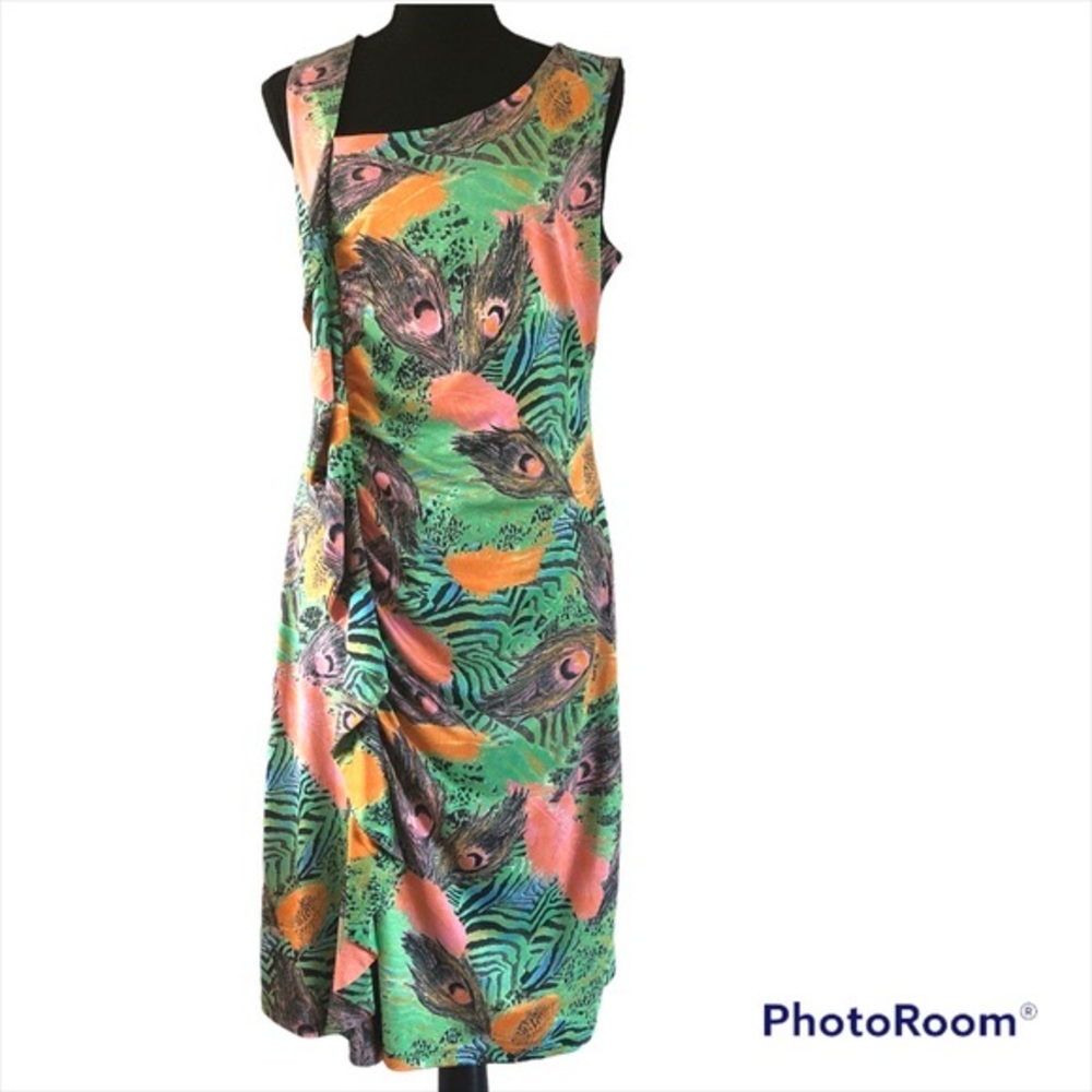 Women’s Tango Mango Tropical Ruffled front feathers & animal print dress size L - Picture 14 of 14